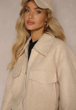 Beżowa Kurtka Koszulowa Boucle z Ociepleniem i Suwakiem Irimarea