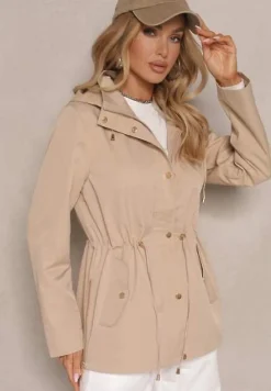 Beżowa Kurtka o Kroju Parki z Odpinanym Kapturem Zdobiona Zamkami Norloti