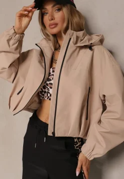 Beżowa Kurtka Oversize w Sportowym Stylu z Kapturem i Ściągaczem w Pasie Volnea