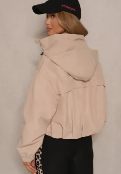 Beżowa Kurtka Oversize w Sportowym Stylu z Kapturem i Ściągaczem w Pasie Volnea