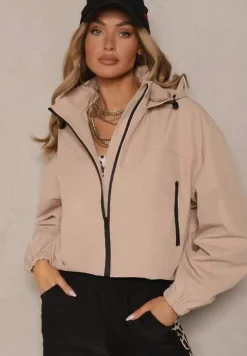 Beżowa Kurtka Oversize w Sportowym Stylu z Kapturem i Ściągaczem w Pasie Volnea