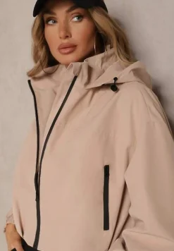 Beżowa Kurtka Oversize w Sportowym Stylu z Kapturem i Ściągaczem w Pasie Volnea
