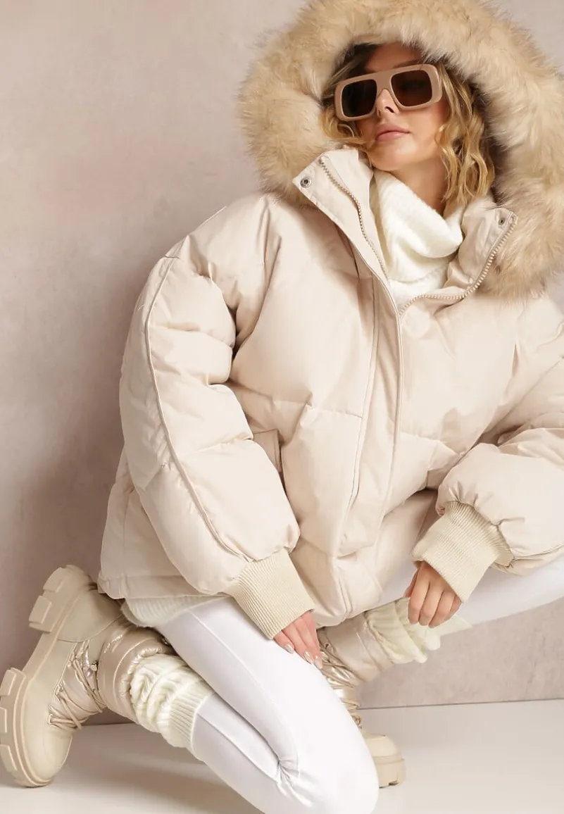 Beżowa Kurtka Oversize z Futrzanym Kapturem Haduni