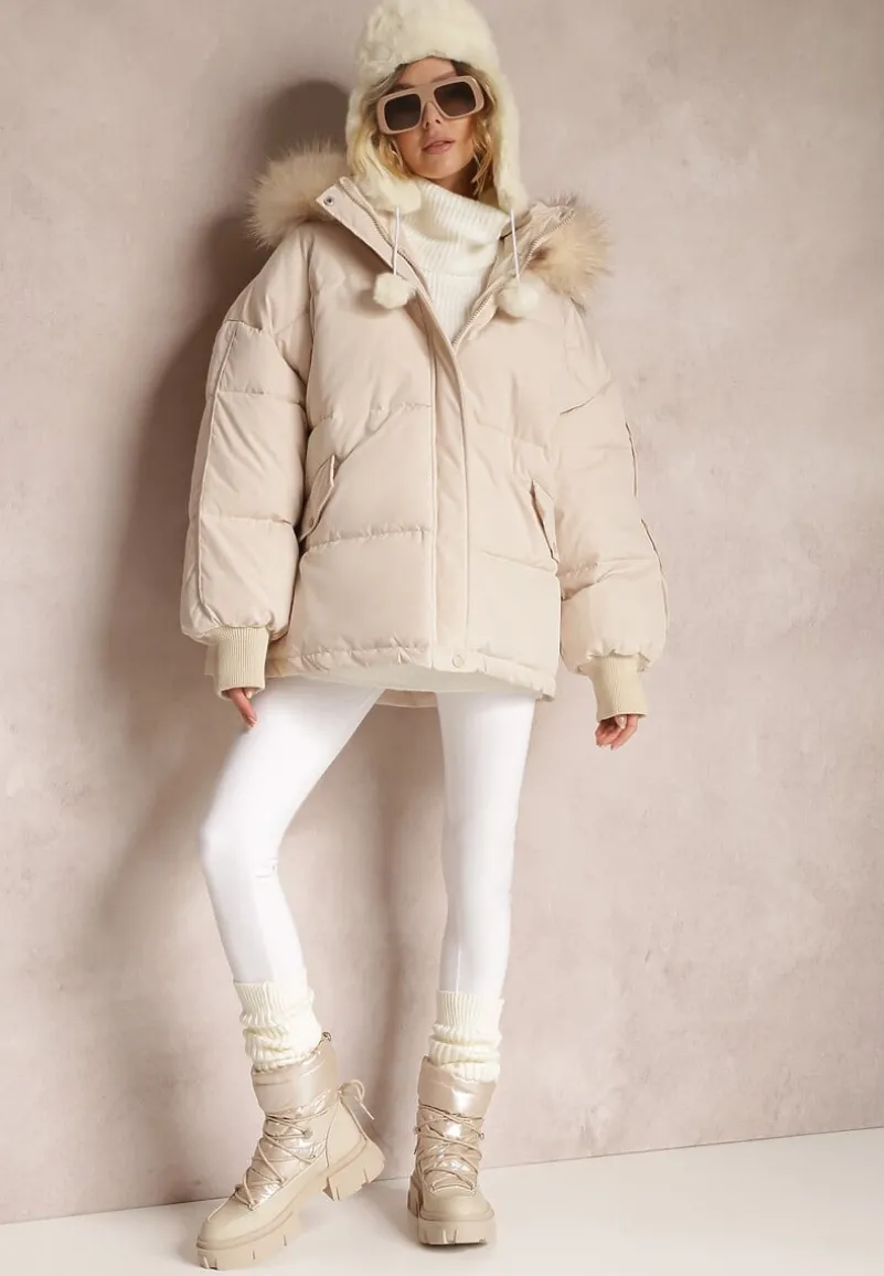 Beżowa Kurtka Oversize z Futrzanym Kapturem Haduni