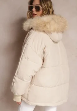 Beżowa Kurtka Oversize z Futrzanym Kapturem Haduni