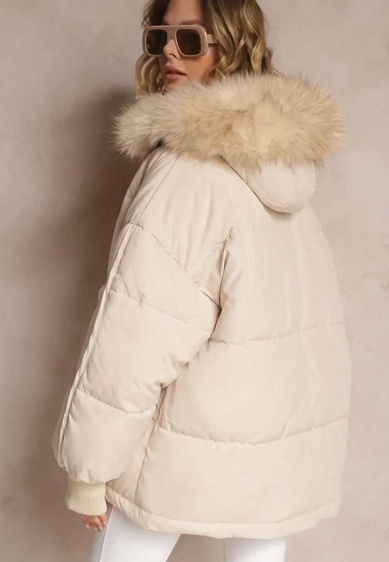 Beżowa Kurtka Oversize z Futrzanym Kapturem Haduni