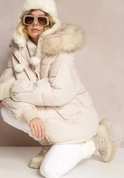 Beżowa Kurtka Oversize z Futrzanym Kapturem Haduni