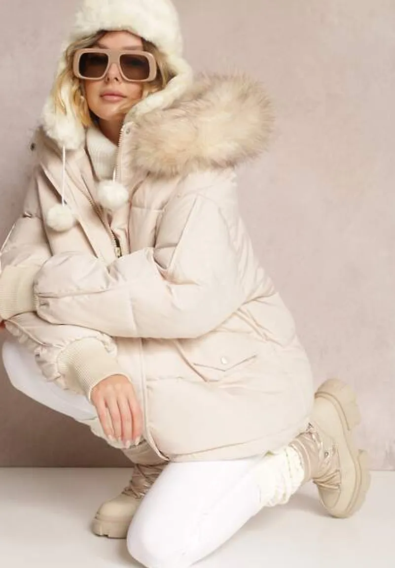 Beżowa Kurtka Oversize z Futrzanym Kapturem Haduni