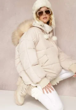 Beżowa Kurtka Oversize z Futrzanym Kapturem Haduni