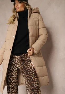 Beżowa Kurtka Ozdobiona Pikowaniem z Odpinanym Kapturem i Suwakami po Bokach Zaiden