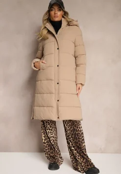 Beżowa Kurtka Ozdobiona Pikowaniem z Odpinanym Kapturem i Suwakami po Bokach Zaiden