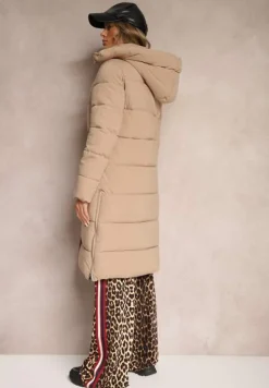 Beżowa Kurtka Ozdobiona Pikowaniem z Odpinanym Kapturem i Suwakami po Bokach Zaiden