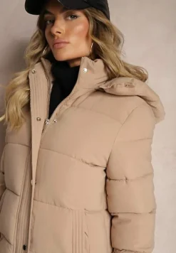 Beżowa Kurtka Ozdobiona Pikowaniem z Odpinanym Kapturem i Suwakami po Bokach Zaiden