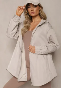 Beżowa Kurtka Parka Ściagana w Pasie Troczkami z Kapturem Evisanale