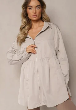 Beżowa Kurtka Parka Ściagana w Pasie Troczkami z Kapturem Evisanale