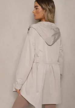 Beżowa Kurtka Parka Ściagana w Pasie Troczkami z Kapturem Evisanale