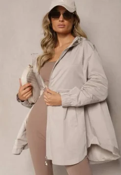 Beżowa Kurtka Parka Ściagana w Pasie Troczkami z Kapturem Evisanale