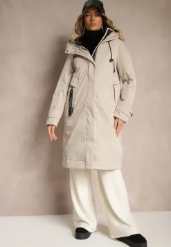 Beżowa Kurtka Parka o Pudełkowym Kroju z Kapturem i Kieszeniami Kaionna
