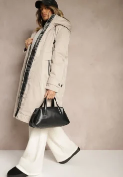 Beżowa Kurtka Parka o Pudełkowym Kroju z Kapturem i Kieszeniami Kaionna