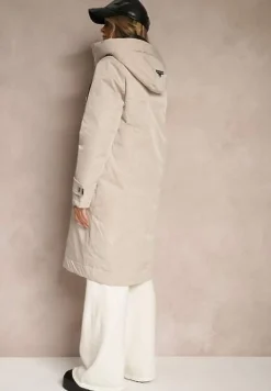 Beżowa Kurtka Parka o Pudełkowym Kroju z Kapturem i Kieszeniami Kaionna