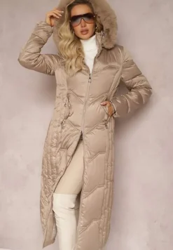 Beżowa Kurtka Płaszcz z Ozdobnym Pikowaniem z Kapturem z Futerkiem i Marszczeniami Larian