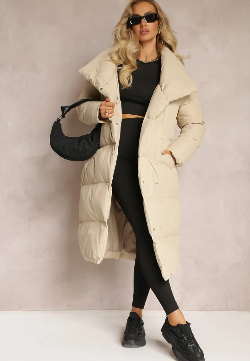 Beżowa Kurtka Płaszcz z Wysokim Kołnierzem Zapinana na Napy z Paskiem Luliriva