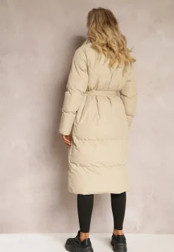 Beżowa Kurtka Płaszcz z Wysokim Kołnierzem Zapinana na Napy z Paskiem Luliriva