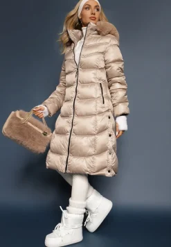 Beżowa Kurtka Płaszcz za Kolano z Pikowaniem i Odpinanym Kapturem Calarin