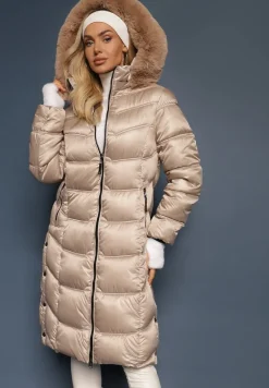 Beżowa Kurtka Płaszcz za Kolano z Pikowaniem i Odpinanym Kapturem Calarin