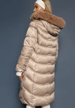 Beżowa Kurtka Płaszcz za Kolano z Pikowaniem i Odpinanym Kapturem Calarin