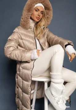 Beżowa Kurtka Płaszcz za Kolano z Pikowaniem i Odpinanym Kapturem Calarin