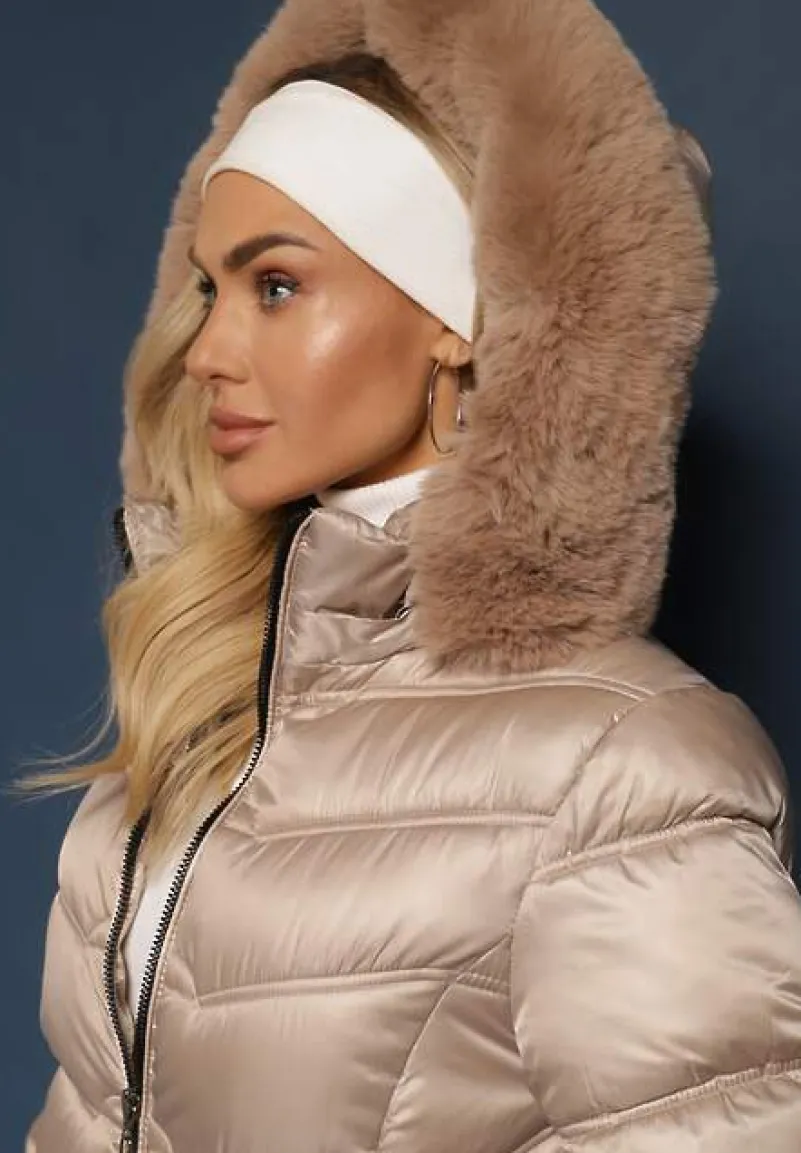 Beżowa Kurtka Płaszcz za Kolano z Pikowaniem i Odpinanym Kapturem Calarin