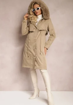 Beżowa Kurtka Płaszcz ze Ściągaczem i Kapturem z Ozdobnym Futerkiem Livieya