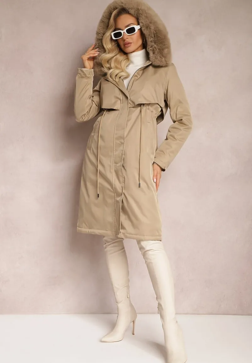 Beżowa Kurtka Płaszcz ze Ściągaczem i Kapturem z Ozdobnym Futerkiem Livieya