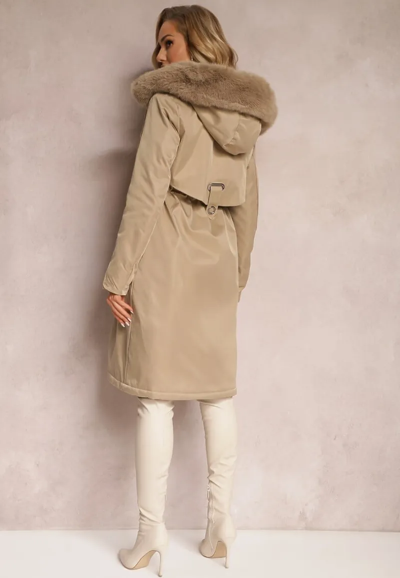 Beżowa Kurtka Płaszcz ze Ściągaczem i Kapturem z Ozdobnym Futerkiem Livieya
