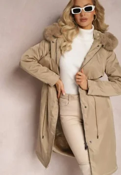 Beżowa Kurtka Płaszcz ze Ściągaczem i Kapturem z Ozdobnym Futerkiem Livieya