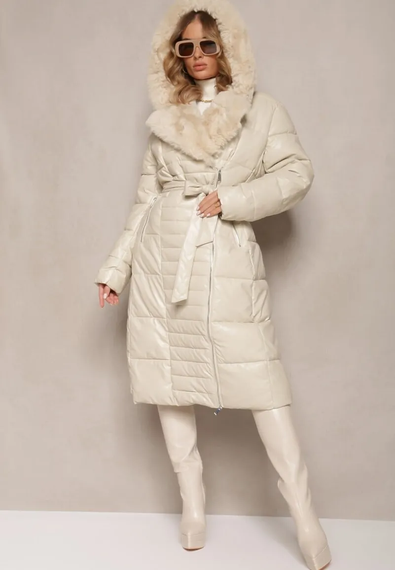 Beżowa Kurtka Pikowana Długa Płaszcz z Imitacji Skóry z Futerkiem Flechie