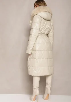 Beżowa Kurtka Pikowana Długa Płaszcz z Imitacji Skóry z Futerkiem Flechie