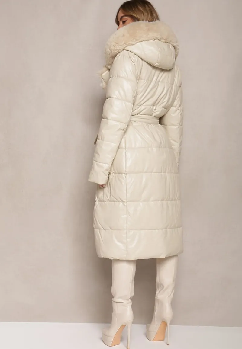 Beżowa Kurtka Pikowana Długa Płaszcz z Imitacji Skóry z Futerkiem Flechie