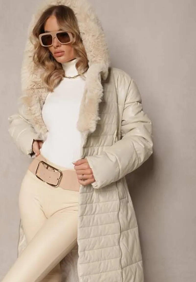 Beżowa Kurtka Pikowana Długa Płaszcz z Imitacji Skóry z Futerkiem Flechie
