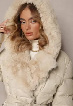 Beżowa Kurtka Pikowana Długa Płaszcz z Imitacji Skóry z Futerkiem Flechie