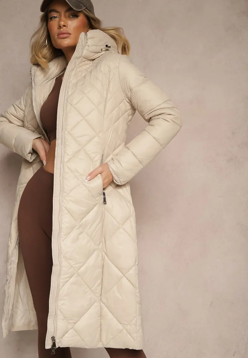 Beżowa Kurtka Pikowana o Długim Kroju z Kapturem Erivana