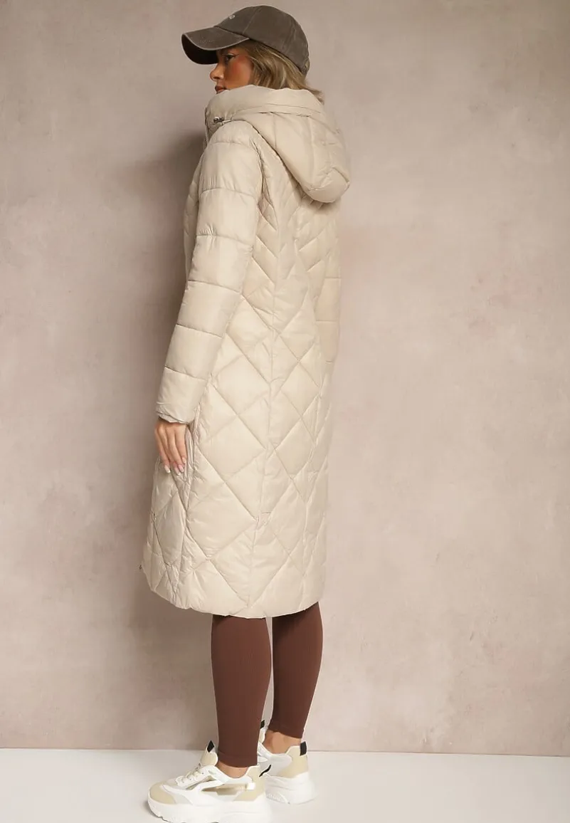 Beżowa Kurtka Pikowana o Długim Kroju z Kapturem Erivana