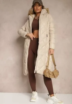 Beżowa Kurtka Pikowana o Długim Kroju z Kapturem Erivana