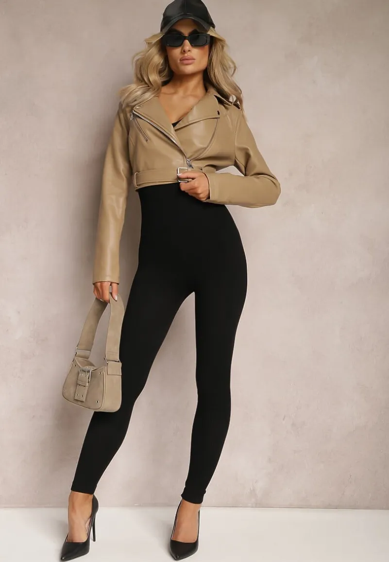 Beżowa Kurtka Ramoneska z Imitacji Skóry z Suwakami Raspellia