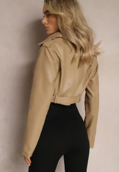 Beżowa Kurtka Ramoneska z Imitacji Skóry z Suwakami Raspellia