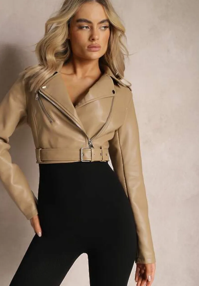 Beżowa Kurtka Ramoneska z Imitacji Skóry z Suwakami Raspellia