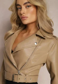 Beżowa Kurtka Ramoneska z Imitacji Skóry z Suwakami Raspellia