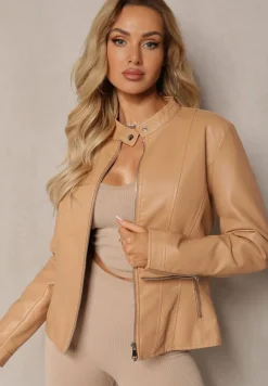 Beżowa Kurtka Ramoneska z Ekoskóry Klaia