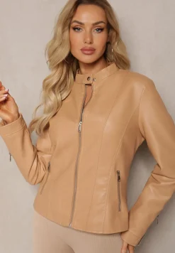 Beżowa Kurtka Ramoneska z Ekoskóry Klaia